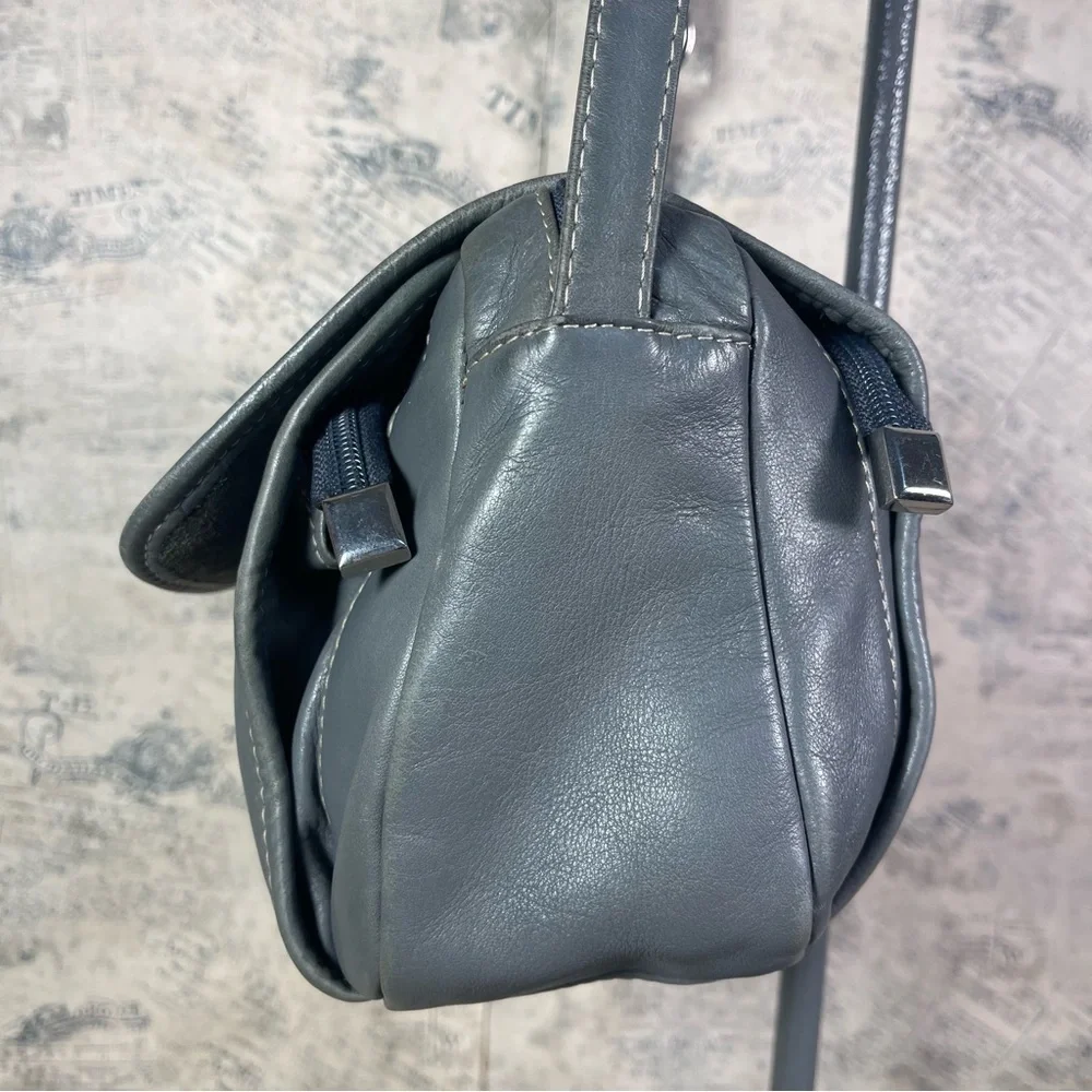 La Bagagerie Gray Leather Crossbody Bag Multi Pocket Organizer Messenger Purse